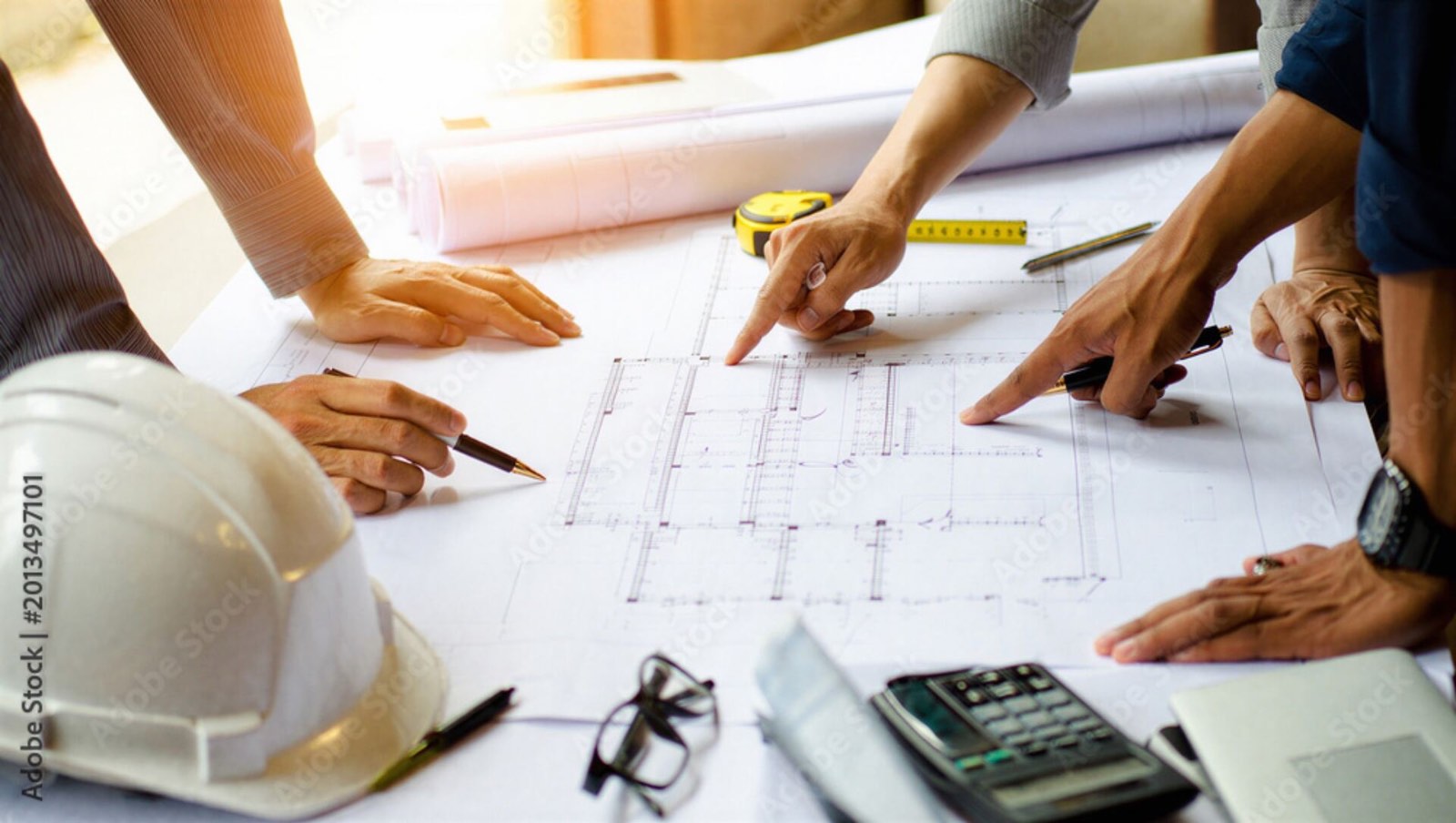 Équipe réunie autour d'un plan de construction